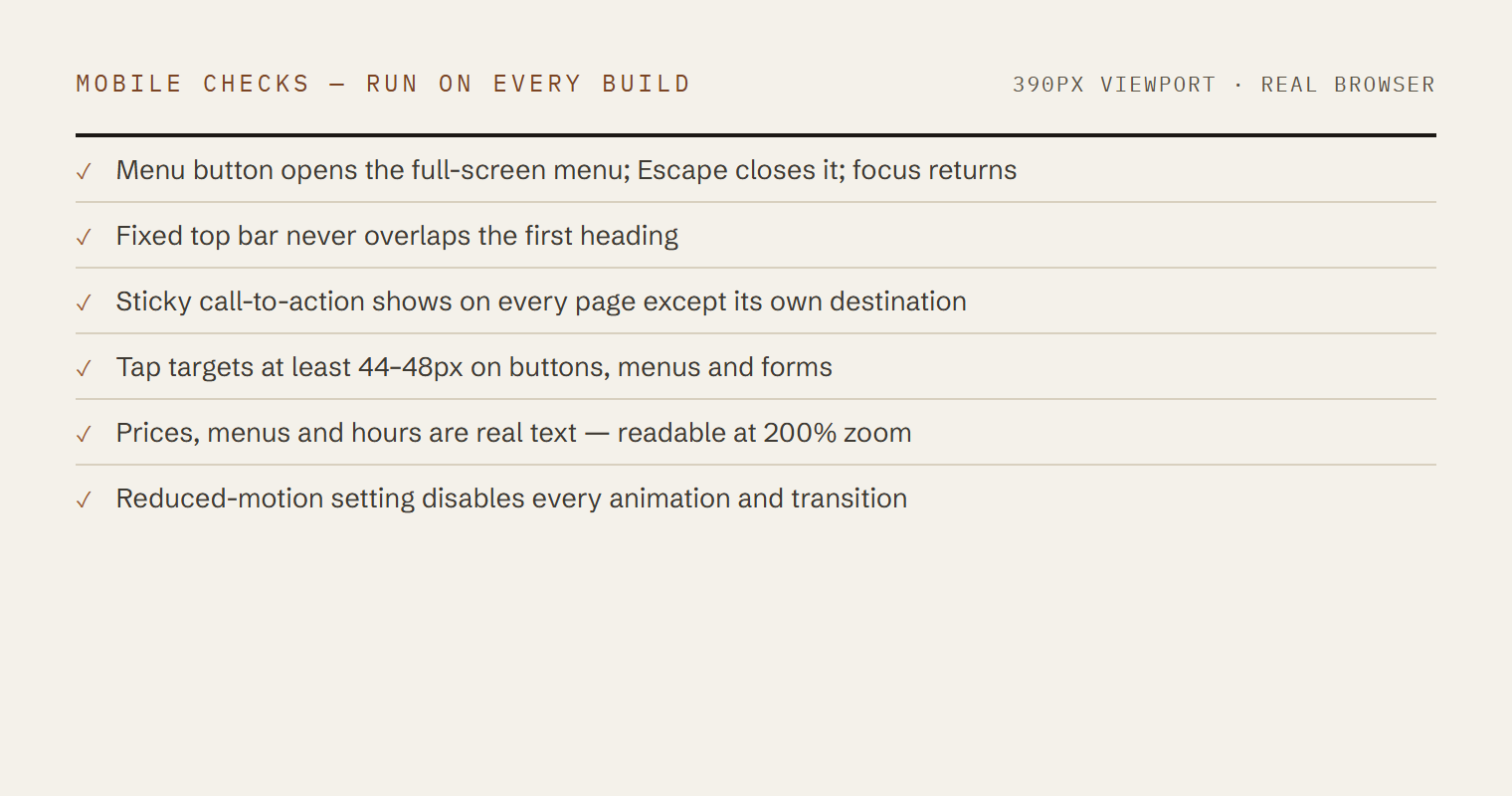 The studio's mobile checklist: menu behaviour, fixed bar clearance, sticky call-to-action, tap targets, real-text content and reduced-motion support