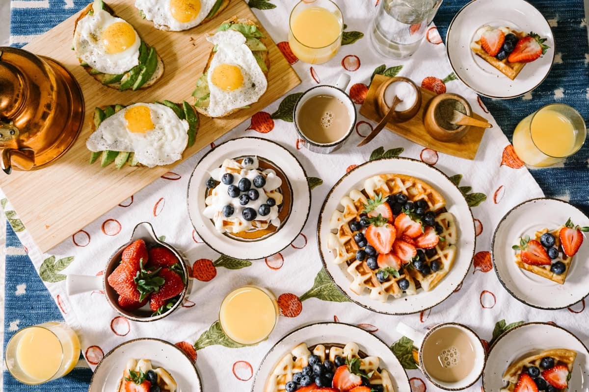 The breakfast table set for the morning — bread, preserves and coffee