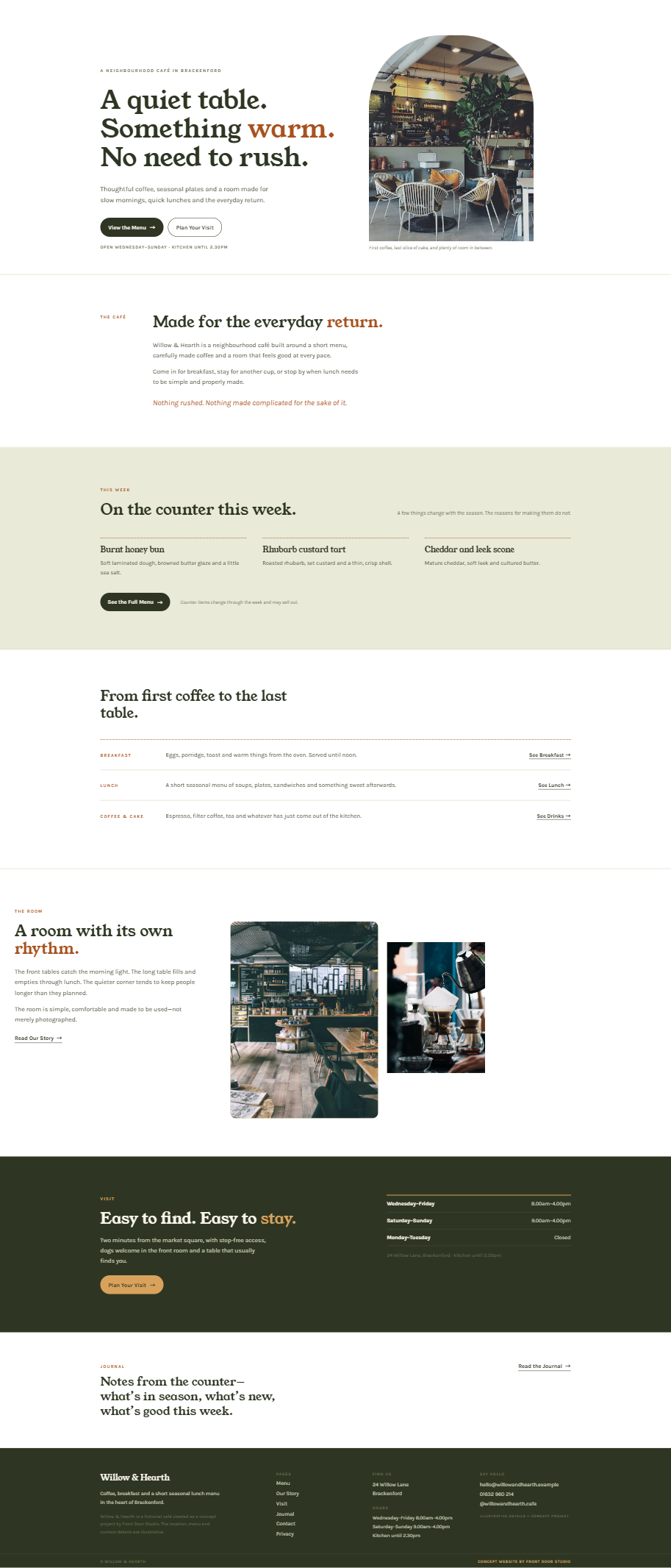 Willow & Hearth concept homepage — hero, hours and menu route