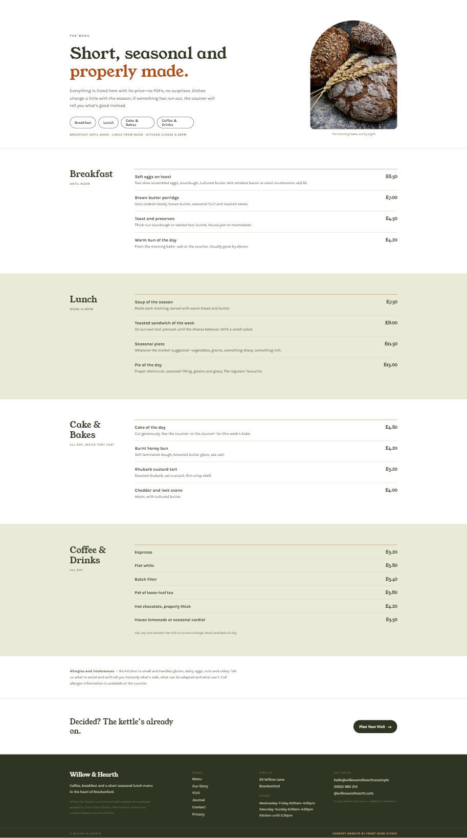Willow & Hearth concept menu page — sections and prices as accessible text